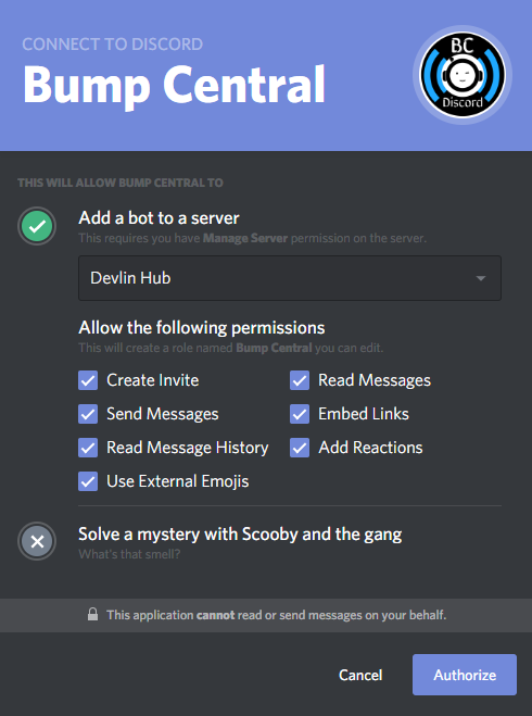 A bot invite page for Bump Central